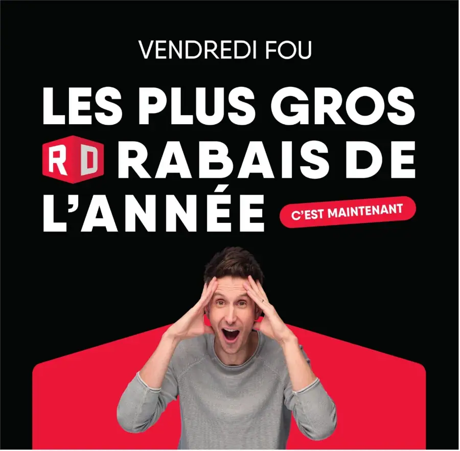 La page de couverture de la circulaire Meubles RD présente une ambiance dynamique et accrocheuse, avec un fond noir qui met en valeur les textes en blanc et rouge. Les catégories de produits mises de l'avant incluent des meubles variés, suggérant des réductions importantes. Un exemple concret est le « Vendredi Fou », signalant des rabais exceptionnels. L’expression « LES PLUS GROS RABAIS DE L’ANNÉE » attire l’attention, tandis qu’un homme exprimant l’excitation renforce l’urgence de l’offre.