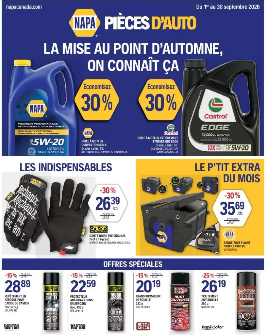 La page de couverture de la circulaire NAPA pièces d'auto présente une ambiance dynamique axée sur l'entretien automobile pour l'automne. On y retrouve des catégories de produits comme les huiles à moteur, les gants de travail et divers accessoires. Les promotions incluent une économie de 30 % sur certaines huiles, ainsi qu'une offre spéciale sur un rangement pliant à 30 % de rabais. Des produits tels que des revêtements en aérosol et des protecteurs anti-rouille sont également mis en avant.