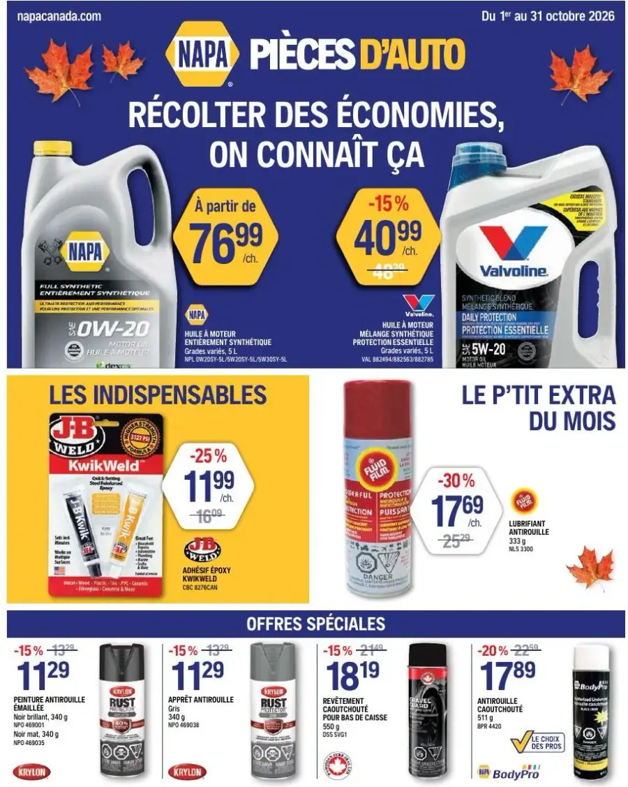 La page de couverture de la circulaire NAPA pièces d'autos présente une ambiance automnale avec des feuilles d'érable en arrière-plan. Les catégories de produits mises en avant incluent des huiles à moteur, des adhésifs et des produits anticorrosion. Parmi les promotions notables, on trouve des réductions sur des huiles Valvoline et des adhésifs JB Weld, ainsi qu'un lubrifiant anticorrosion en spécial. Les visuels sont clairs et attractifs, mettant en valeur les économies à réaliser.