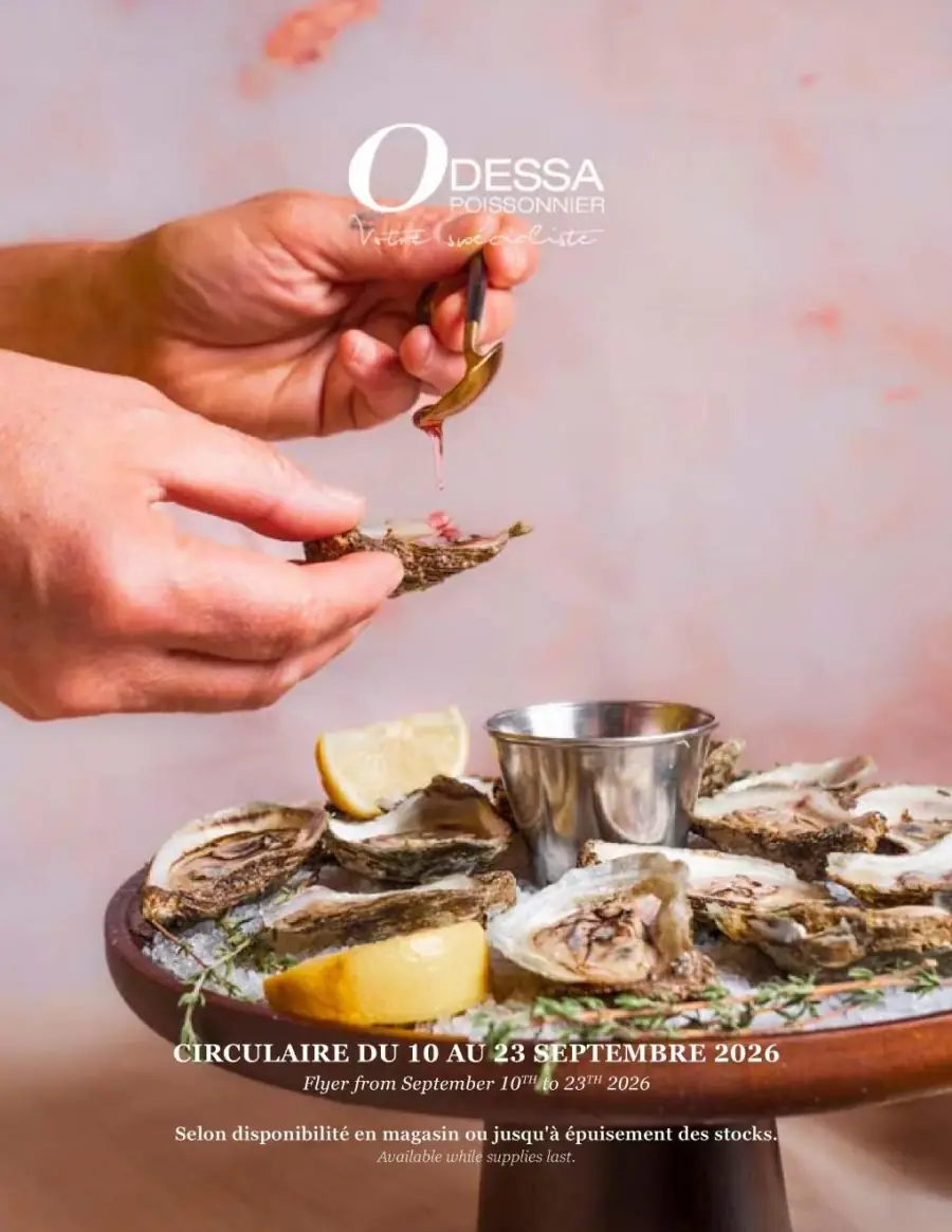 La page de couverture de la circulaire Odessa Poissonnier présente une ambiance raffinée et gourmande, mettant en avant des produits de la mer. On y voit des huîtres fraîches disposées sur un plateau, accompagnées de quartiers de citron et d'un petit récipient. Les catégories de produits incluent des fruits de mer et des plats préparés. Les promotions importantes sont suggérées par l'invitation à découvrir les offres du 10 au 23 septembre 2026.