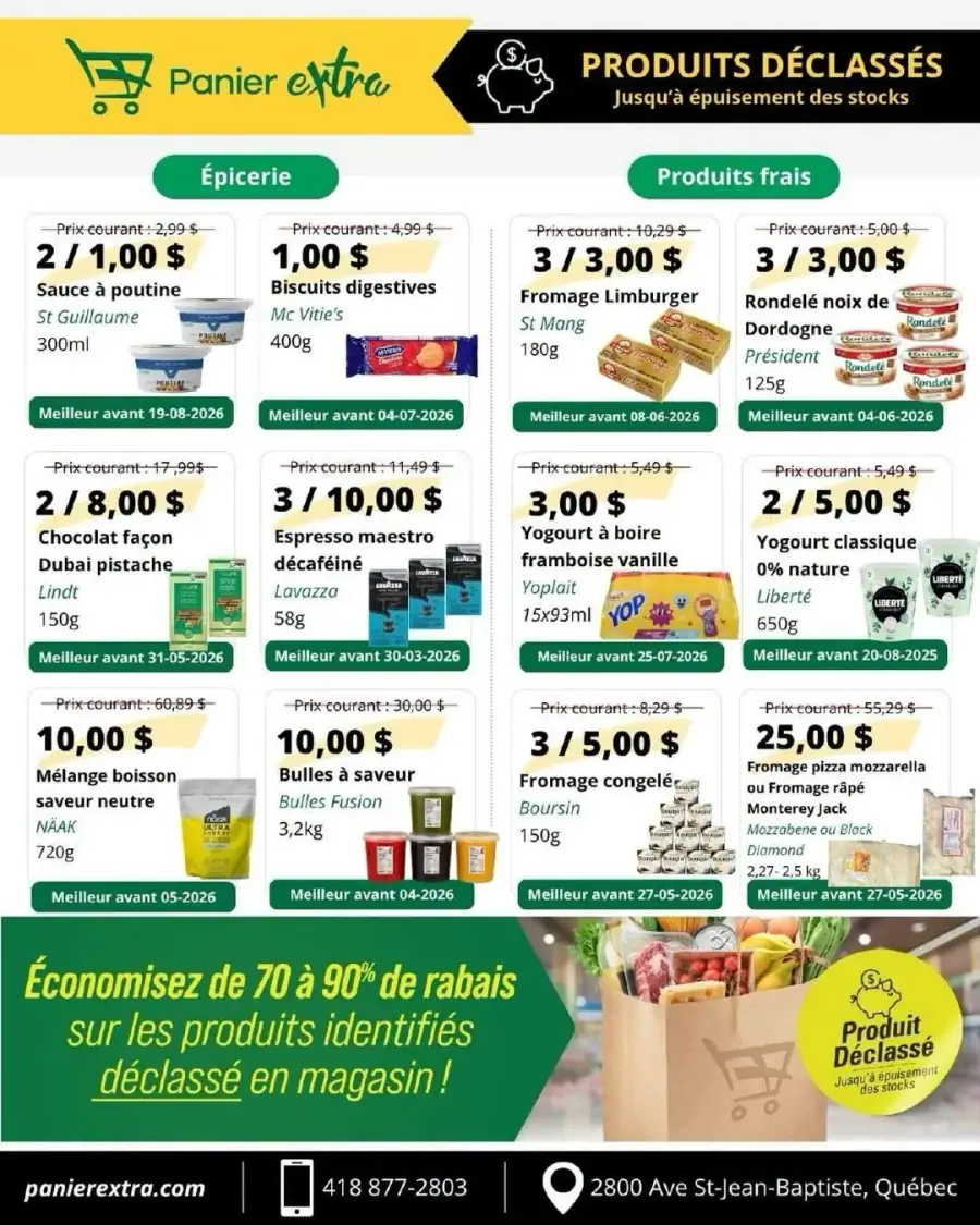 La page de couverture de la circulaire Panier Extra présente une ambiance dynamique et colorée, mettant en avant des produits déclassés. On y retrouve des catégories variées telles que l'épicerie et les produits frais. Parmi les exemples, on note des offres sur la sauce à poutine, des biscuits digestifs, et divers fromages. Les promotions importantes indiquent des économies significatives, allant de 70 à 90 % sur les produits déclassés, attirant ainsi l'attention des consommateurs.