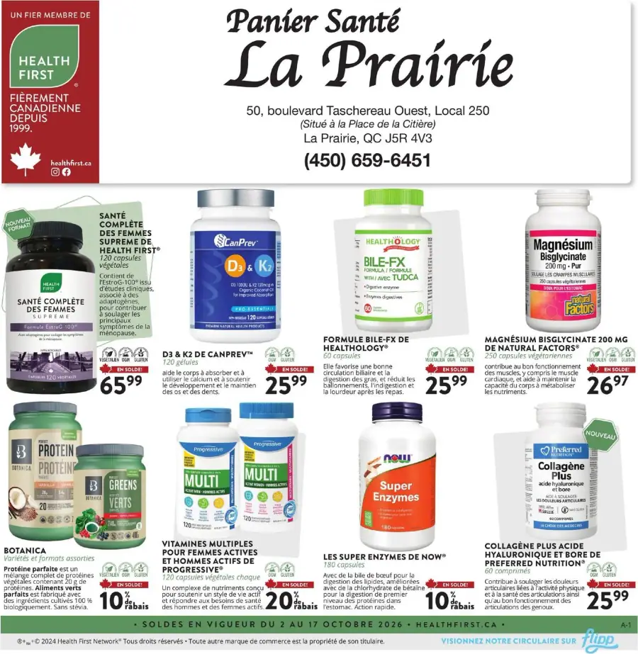 La page de couverture de la circulaire Panier Santé présente une ambiance axée sur la santé et le bien-être. On y retrouve des catégories de produits comme les vitamines, les suppléments et les protéines. Parmi les exemples, on note la "Santé complète des femmes", le "D3 & K2" et le "Magnésium bisglycinate". Des promotions sont mises en avant, notamment des réductions sur plusieurs articles, signalées par des étiquettes « en solde ».