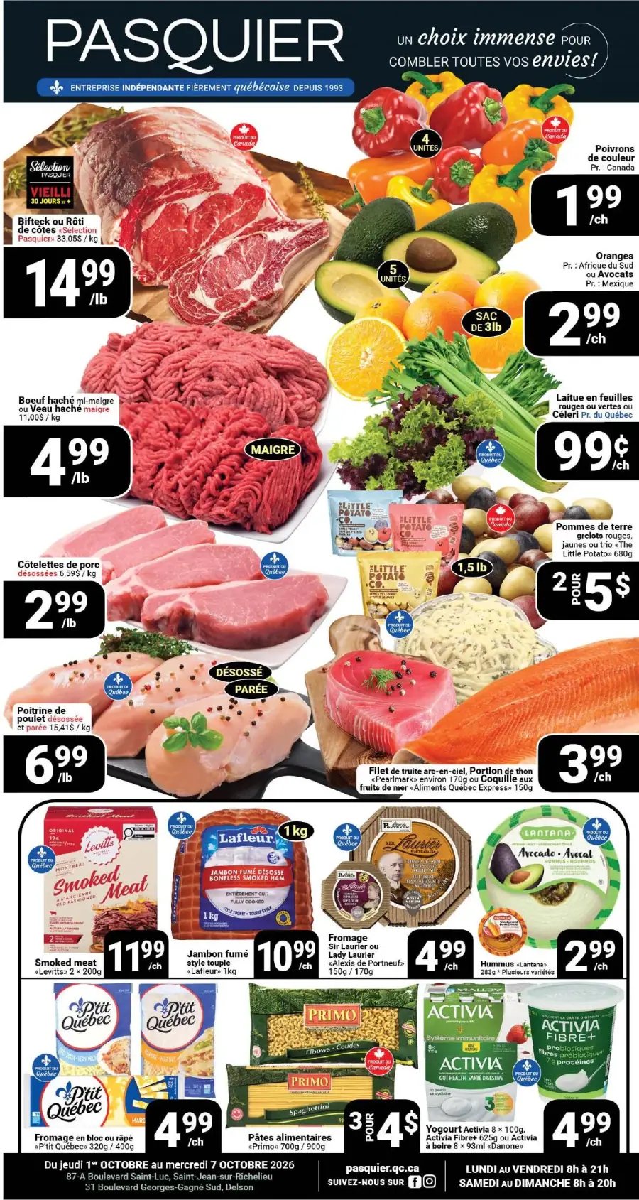 La page de couverture de la circulaire Pasquier présente une ambiance colorée et appétissante, mettant en avant une variété de produits frais. On y trouve des viandes comme le bifteck et le boeuf haché, ainsi que des fruits et légumes tels que des poivrons, des oranges et de la laitue. Les promotions notables incluent des côtelettes de porc à 2,99 $/lb et du poisson à prix réduit. Les produits laitiers, comme le fromage et le jambon fumé, sont également mis en avant, offrant un large choix pour les consommateurs.