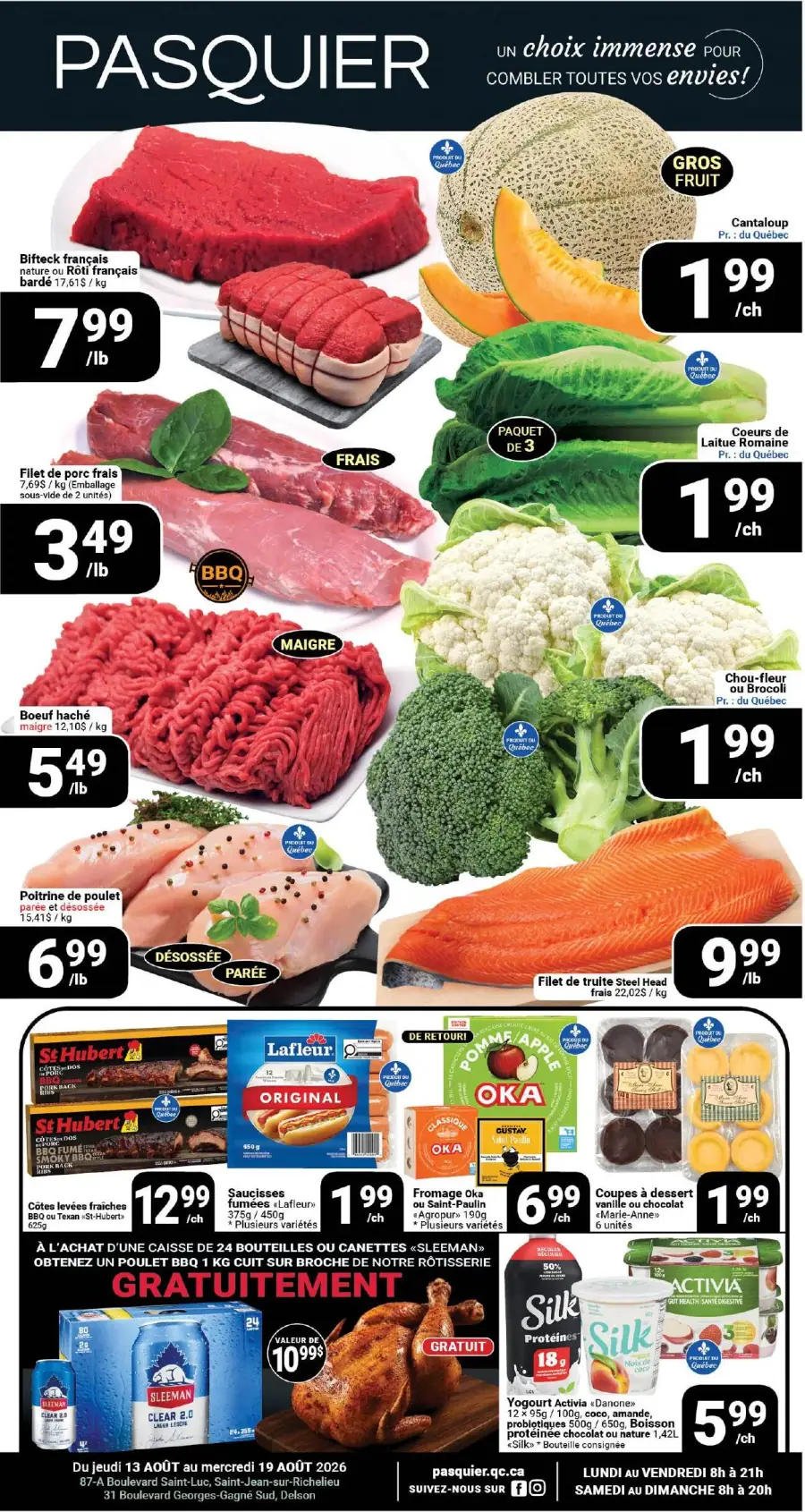 La page de couverture de la circulaire Pasquier présente une ambiance dynamique et colorée, mettant en avant une variété de produits frais. On y trouve des viandes comme le bifteck et le poulet, ainsi que des fruits et légumes tels que le cantaloup, le brocoli et la laitue romaine. Les promotions incluent des offres sur les saucisses et des rabais sur les produits laitiers. Des visuels attrayants soulignent la qualité et la provenance locale des aliments.