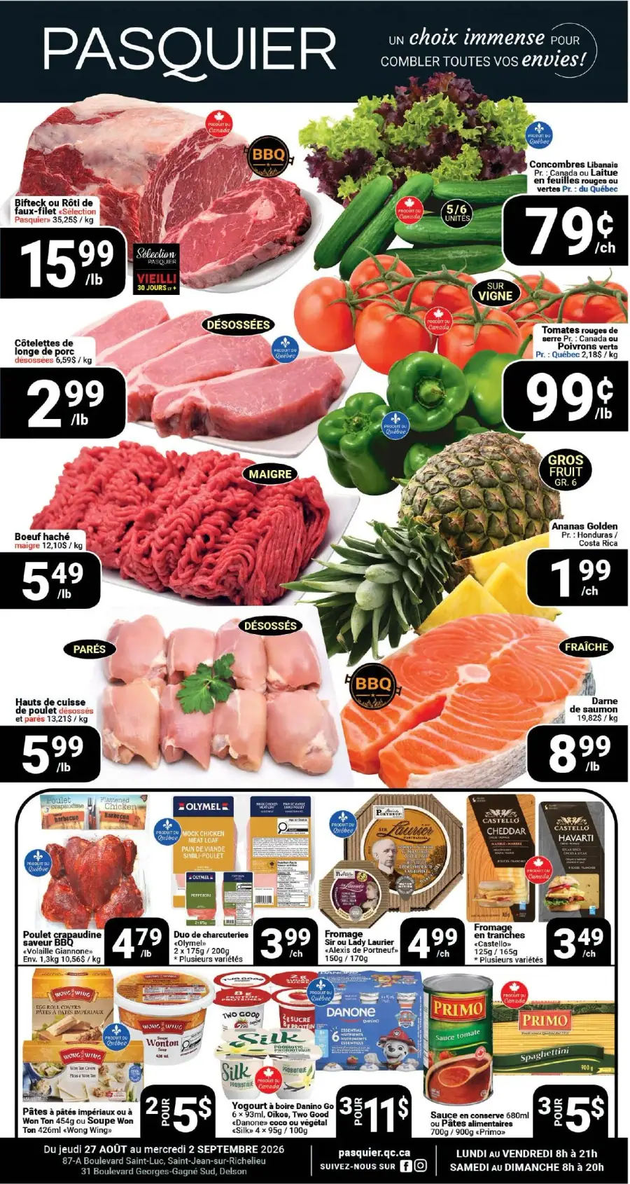 La page de couverture de la circulaire Pasquier présente une ambiance dynamique et colorée, mettant en avant une variété de produits frais. On y trouve des viandes, comme le bœuf haché et le poulet, ainsi que des fruits et légumes, tels que des concombres et des ananas. Les promotions incluent des prix attractifs sur les coupes de viande et des produits laitiers, créant une invitation à faire le plein de provisions pour la semaine.