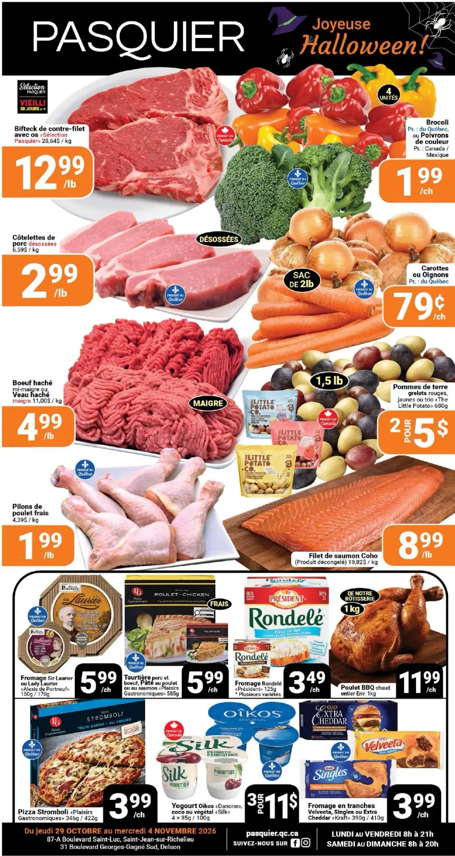 La page de couverture de la circulaire Pasquier présente une ambiance festive pour Halloween, avec des couleurs vives et des illustrations de produits frais. Les catégories mises en avant incluent les viandes, les légumes et les produits laitiers. On y trouve des offres sur le bifteck de contre-filet, les côtelettes de porc, ainsi que des légumes comme le brocoli et les carottes. Les promotions importantes incluent le poulet BBQ et divers fromages, attirant l’attention sur des produits locaux et de qualité.