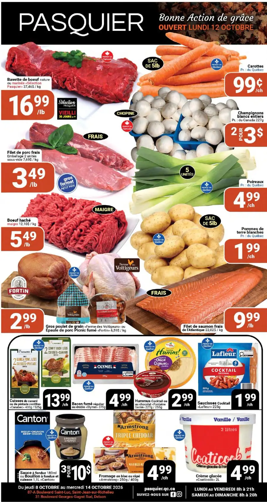 La page de couverture de la circulaire Pasquier présente une ambiance chaleureuse et festive, mettant en avant des produits frais et locaux pour célébrer l'Action de grâce. On y trouve des viandes comme la bavette de bœuf et le filet de saumon, ainsi que des légumes frais tels que des carottes, des poireaux et des pommes de terre. Les promotions incluent des offres sur le poulet des Voltigeurs et des produits laitiers, créant une invitation à préparer des repas conviviaux.