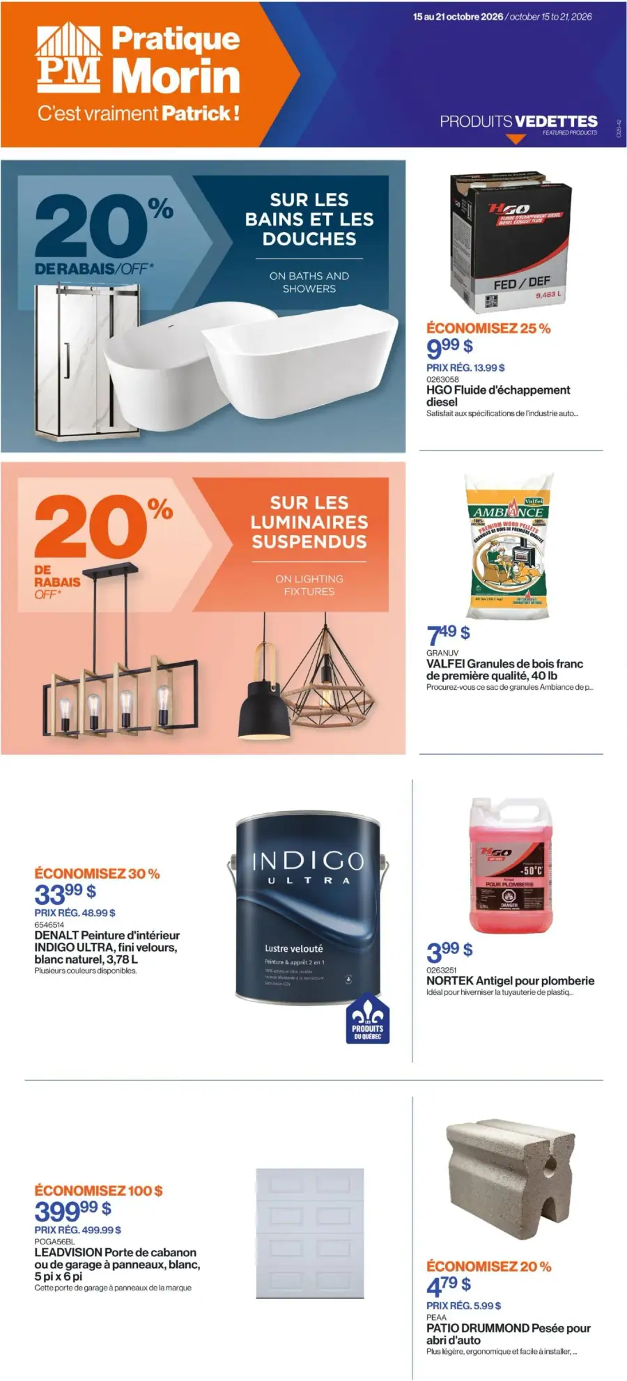 La page de couverture de la circulaire Patrick Morin présente une ambiance chaleureuse et accueillante, axée sur l'amélioration de l'habitat. Les catégories de produits mises en avant incluent les bains, les douches, les luminaires suspendus, et les matériaux de construction. Parmi les promotions, on note une réduction de 20 % sur les bains et douches, ainsi qu'une économie de 30 % sur la peinture d'intérieur INDIGO ULTRA, et des offres sur divers articles comme des granulés de bois et un antigel pour plomberie.
