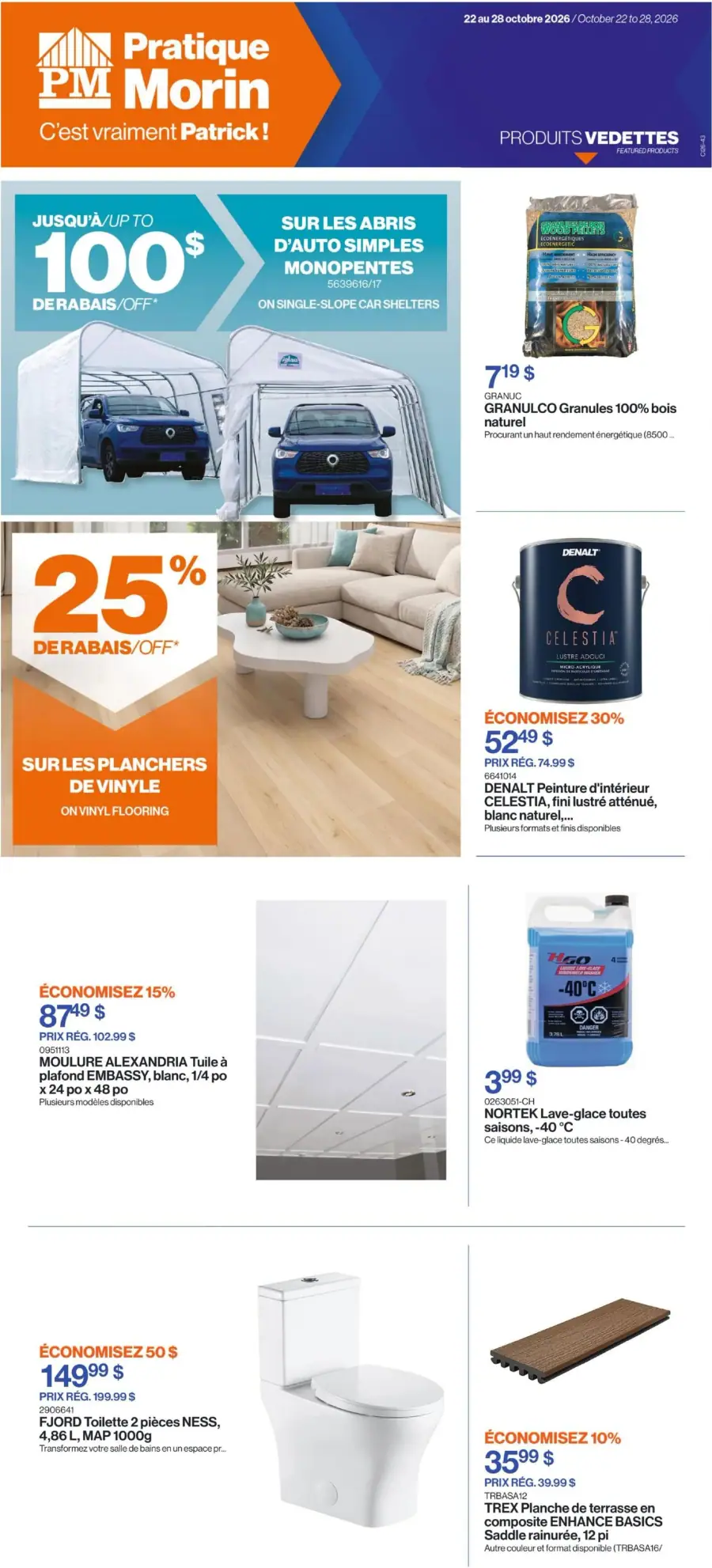 La page de couverture de la circulaire Patrick Morin présente une ambiance dynamique et accueillante, mettant en avant des produits pour l'aménagement extérieur et intérieur. Les catégories incluent des abris d'auto, des planchers de vinyle, des peintures, et des articles de salle de bain. Les promotions phares comprennent jusqu'à 100 $ de rabais sur les abris d'auto et 25 % de rabais sur les planchers de vinyle, ainsi que des économies sur divers produits de rénovation.