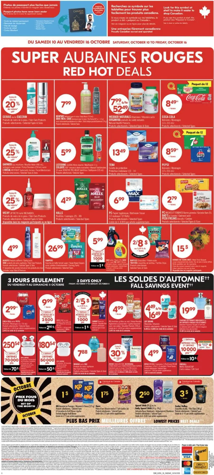 La page de couverture de la circulaire Pharmaprix présente une ambiance dynamique avec un fond rouge vif. Les catégories de produits mises en avant incluent les soins de la peau, les vitamines, les boissons, et les produits ménagers. Parmi les promotions notables, on trouve des réductions sur des marques comme Cerave, Listerine et Pampers, ainsi que des offres spéciales sur des articles de consommation courante. Les visuels sont clairs et attrayants, facilitant la navigation.