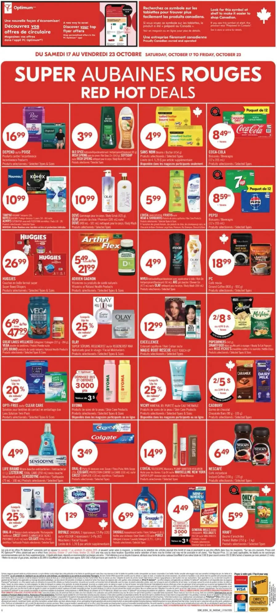 La page de couverture de la circulaire Pharmaprix présente une ambiance dynamique et engageante, mettant en avant des promotions sur divers produits. Les catégories incluent les soins personnels, les produits alimentaires et les boissons. Parmi les offres, on trouve des articles comme le beurre sans nom, des shampoings Old Spice et des boissons Coca-Cola. Les promotions sont clairement indiquées, attirant l'attention sur les aubaines rouges.
