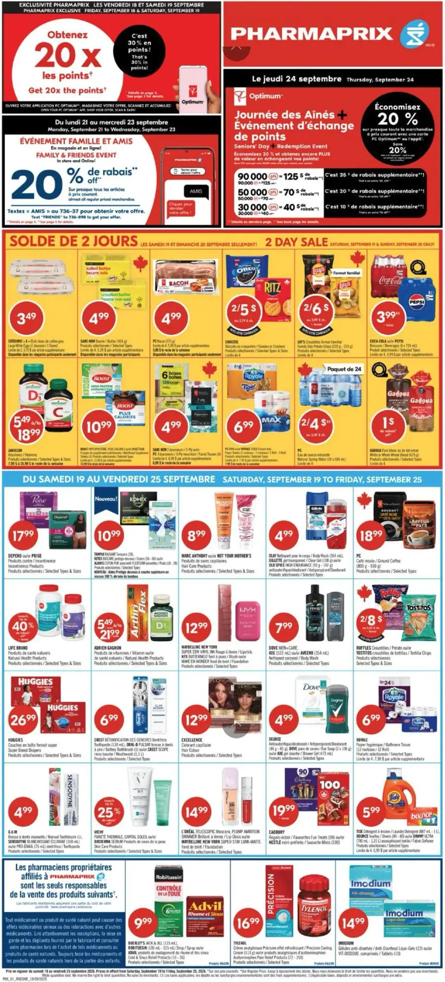 La page de couverture de la circulaire Pharmaprix présente une ambiance dynamique et colorée, mettant en avant des promotions attractives sur divers produits. Les catégories incluent des articles de soins personnels, des aliments et des médicaments. Parmi les promotions notables, on trouve des offres sur des marques comme Jamieson et des produits alimentaires comme des biscuits et des boissons. Une vente de deux jours est également annoncée, attirant l'attention sur des rabais spécifiques.