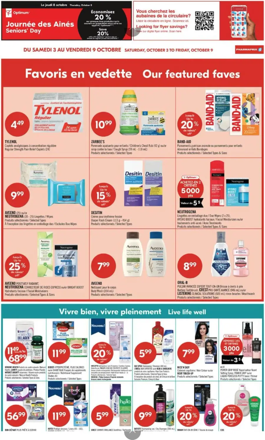 La page de couverture de la circulaire Pharmaprix présente une ambiance dynamique et colorée, mettant en avant une sélection de produits de santé et de soins personnels. Les catégories incluent des médicaments en vente, des soins pour la peau, et des produits d'hygiène. On y trouve des promotions sur des articles tels que le Tylenol, des produits Zarbee’s pour enfants, et des soins Neutrogena, avec des réductions allant jusqu'à 25 %. Des offres spéciales pour les membres Optimum sont également mises en avant.
