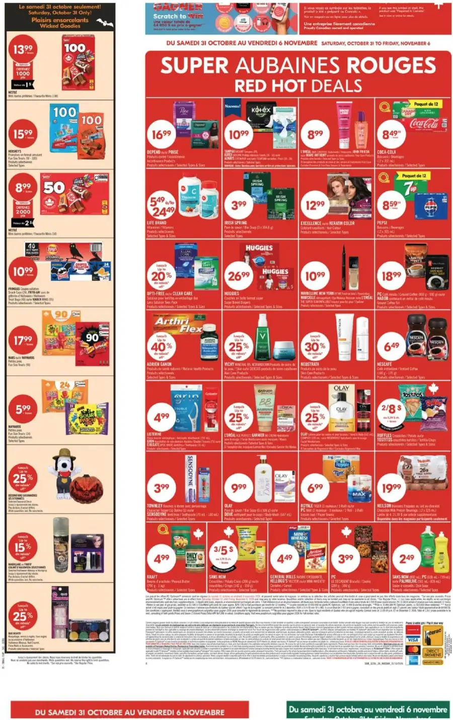 La page de couverture de la circulaire Pharmaprix présente une ambiance dynamique avec un fond rouge vif, mettant en avant des promotions attrayantes. Les catégories de produits incluent des articles de beauté, des produits ménagers, des boissons et des collations. Parmi les exemples notables, on trouve des offres sur des marques comme Huggies, L'Oréal et Nescafé. Les promotions importantes sont clairement affichées, telles que des réductions de 40 % sur certains produits et des offres spéciales sur des paquets multiples.