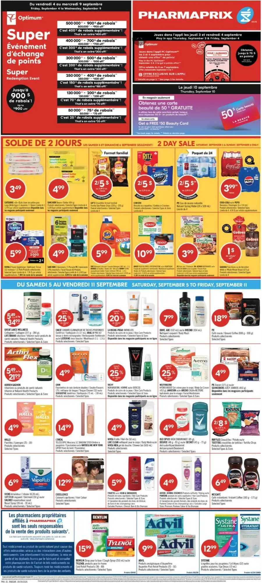 La page de couverture de la circulaire Pharmaprix présente une ambiance dynamique et colorée, mettant en avant des promotions attractives. Les catégories de produits incluent des articles d'épicerie, des soins personnels et des médicaments. Parmi les exemples notables, on trouve des offres sur des marques populaires comme Tide, Dove et Vichy. Les promotions importantes incluent un événement d'échange de points et une vente de deux jours sur divers produits alimentaires et de soins.