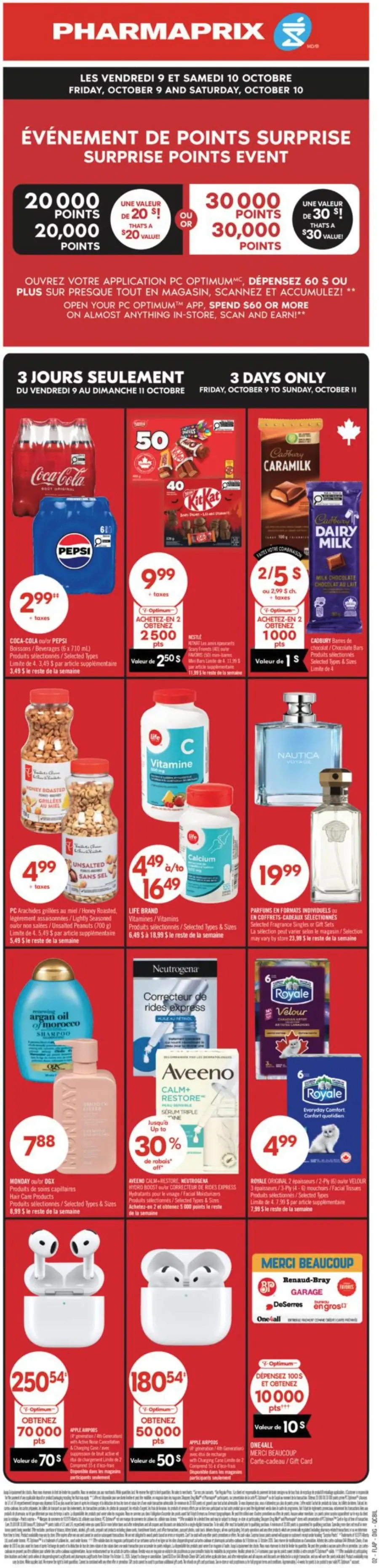 La page de couverture de la circulaire Pharmaprix présente une ambiance dynamique et colorée, mettant en avant une variété de produits allant des boissons et collations aux soins personnels et électroniques. On y trouve des promotions sur des marques populaires comme Coca-Cola et KitKat, ainsi que des offres sur des vitamines et des soins de la peau. L'événement de points surprise est particulièrement mis en avant, offrant jusqu'à 30 000 points pour les achats. Les promotions sont clairement signalées, attirant l'attention sur les économies à réaliser.