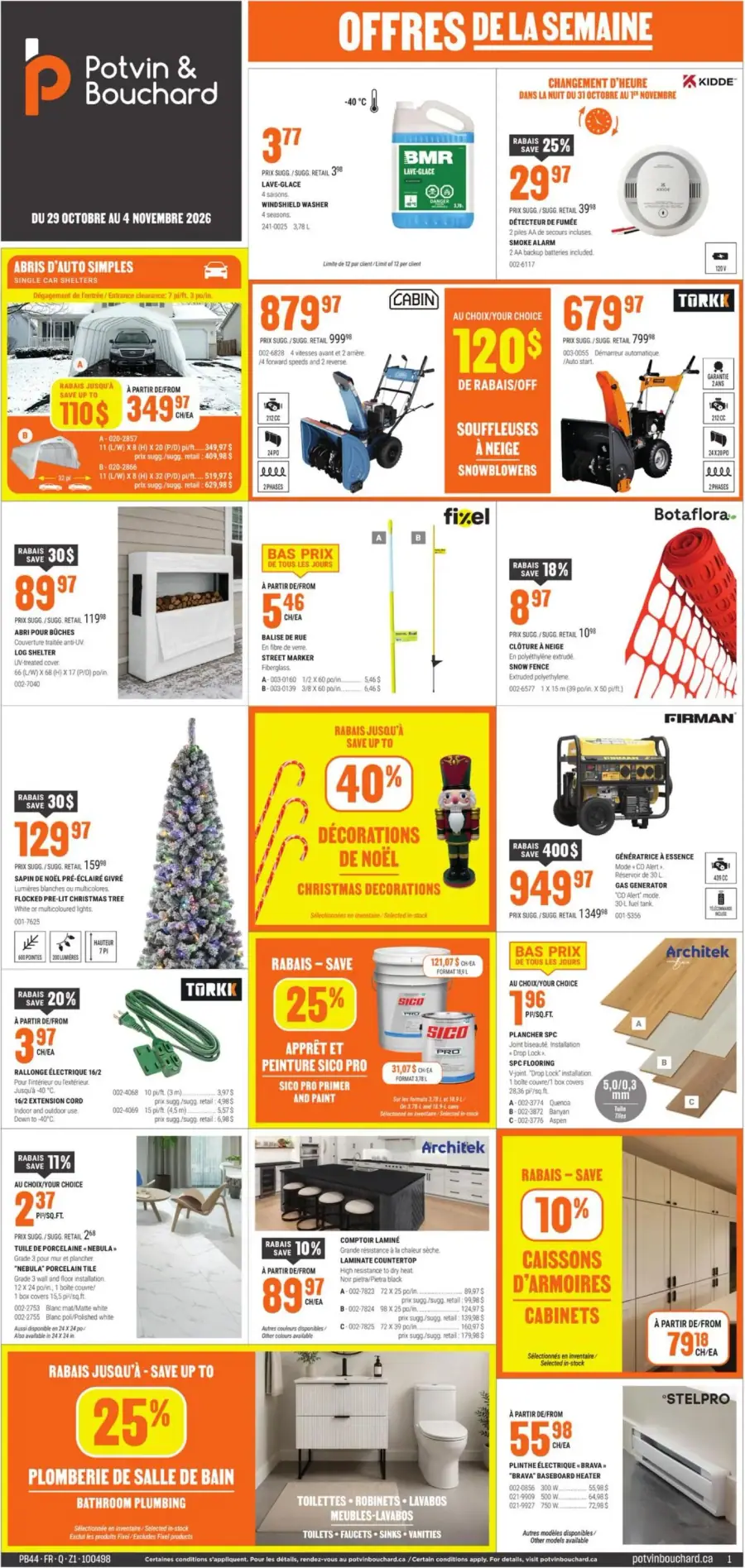 La page de couverture de la circulaire Potvin & Bouchard présente une ambiance dynamique et colorée, mettant en avant une variété de produits pour la maison et le jardin. On y trouve des promotions sur des abris d'auto, des souffleuses à neige, ainsi que des décorations de Noël. Des exemples notables incluent un sapin pré-éclairé à 29,97 $ et des réductions allant jusqu'à 40 % sur les décorations. Les sections sont bien organisées, facilitant la navigation entre les offres.