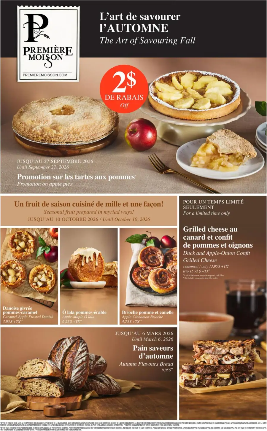 La page de couverture de la circulaire Première Moisson évoque une ambiance chaleureuse et automnale, mettant en avant des produits gourmands. On y trouve des tartes aux pommes en promotion, ainsi que des plats saisonniers comme le grilled cheese au canard et confit de pommes. Des douceurs telles que la danoise givrées et la brioche pomme et cannelle sont également présentées, soulignant la variété des saveurs d'automne. Les promotions sont clairement indiquées, attirant l'attention sur les offres spéciales.