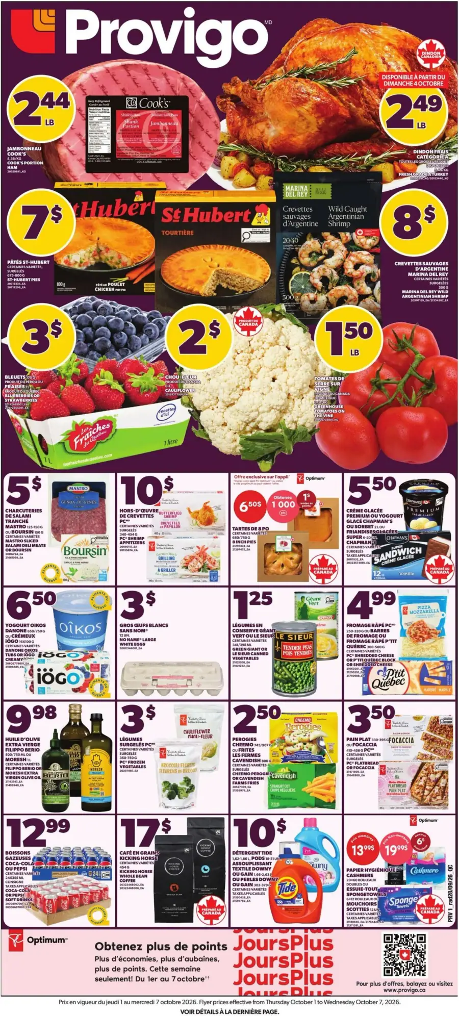 La page de couverture de la circulaire Provigo présente une ambiance conviviale et appétissante, mettant en avant une variété de produits alimentaires. On y trouve des viandes, comme le jambonneau et le dindon, ainsi que des plats préparés tels que les tourtières St-Hubert. Les fruits et légumes frais, comme les bleuets et le chou-fleur, sont également mis en avant. Des promotions notables incluent des prix réduits sur les crevettes et des offres sur des produits laitiers. L'ensemble crée une invitation à découvrir des produits de qualité pour la semaine.