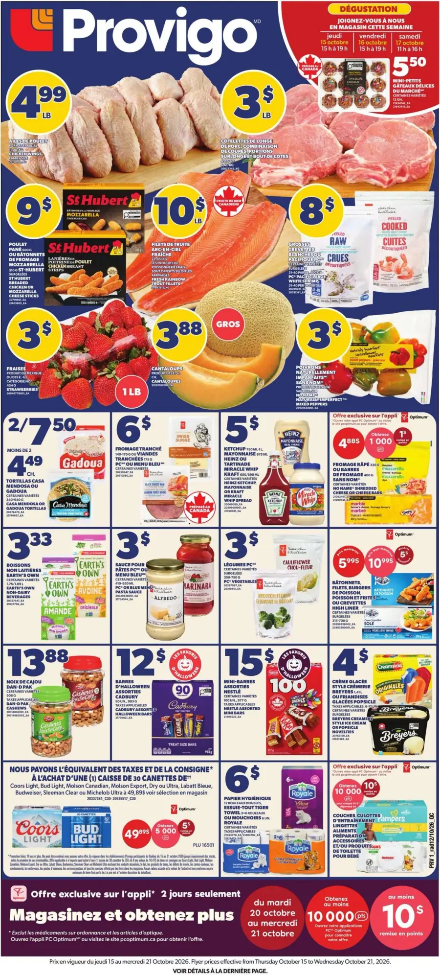 La page de couverture de la circulaire Provigo du 15 au 21 octobre 2026 présente une ambiance colorée et dynamique. Les catégories mises en avant incluent la viande, les fruits, les produits laitiers et les collations. On y trouve des promotions sur des ailes de poulet, des fraises, et des filets de truite. Des dégustations en magasin sont également annoncées, ajoutant une dimension interactive à l'expérience d'achat.