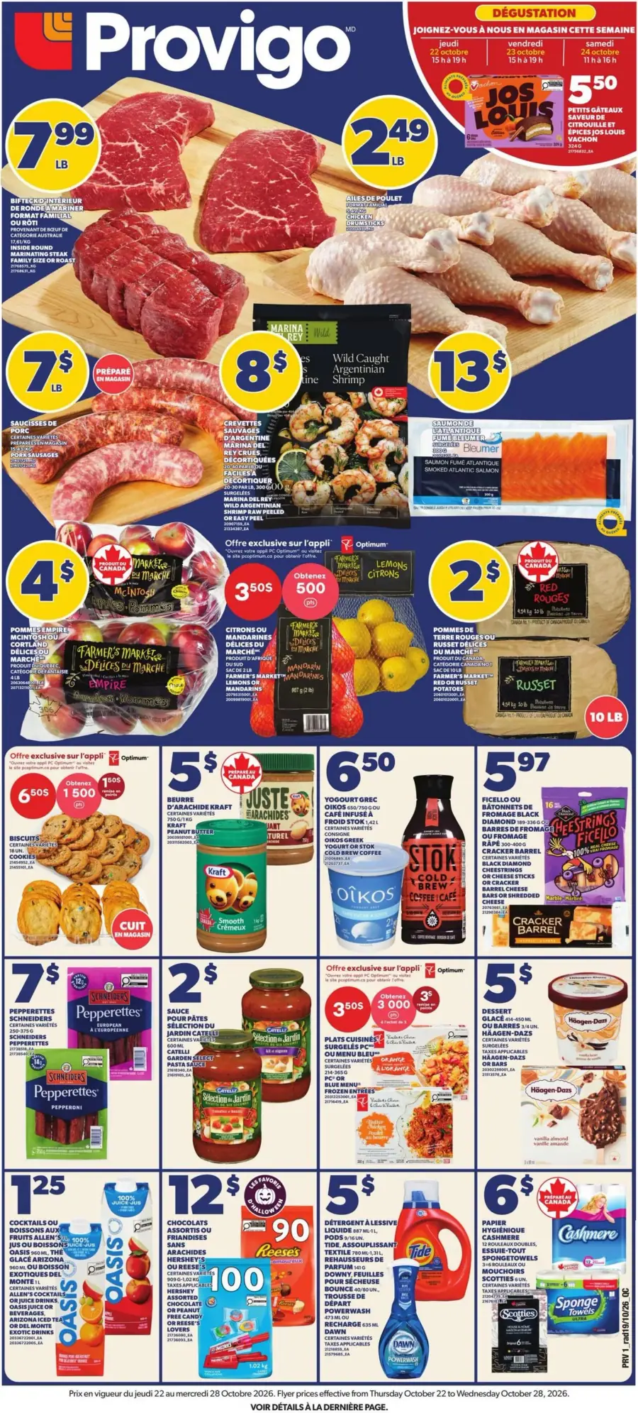 La page de couverture de la circulaire Provigo présente une ambiance conviviale et colorée, mettant en avant une variété de produits alimentaires. On y trouve des viandes comme le bifteck et les ailes de poulet, ainsi que des fruits et légumes frais tels que des pommes et des mandarines. Les promotions notables incluent des crevettes argentines à 8 $ et du saumon fumé à 13 $. Des offres exclusives pour l'application Optimum sont également mises en avant, incitant à l'achat.