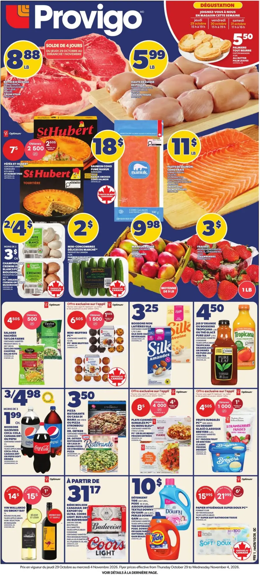 La page de couverture de la circulaire Provigo présente une ambiance dynamique et colorée, mettant en avant une variété de produits alimentaires. On y trouve des viandes comme le bifteck et les hauts de cuisse de poulet, ainsi que des fruits et légumes frais tels que des fraises et des mini-concombres. Les promotions incluent des offres sur des plats préparés St-Hubert et des boissons non lactées. Les dégustations en magasin sont également annoncées, ajoutant une dimension interactive à l'expérience d'achat.