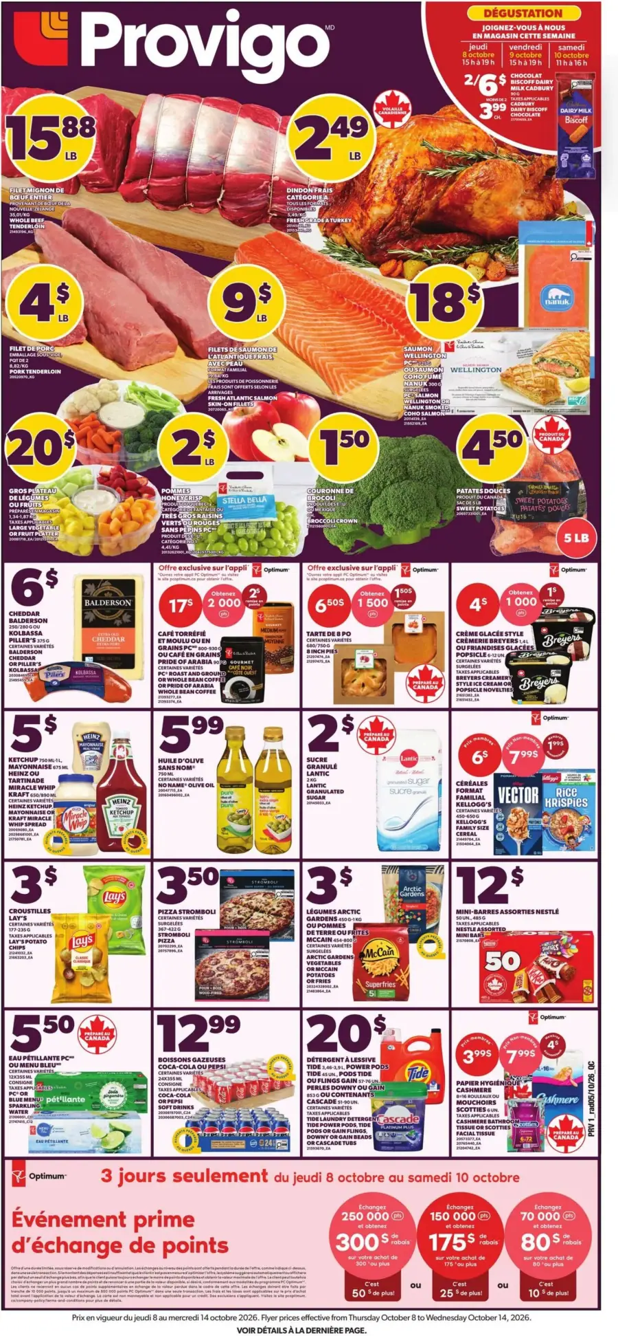 La page de couverture de la circulaire Provigo présente une ambiance colorée et dynamique, mettant en avant des produits frais et variés. On y trouve des viandes comme le filet de bœuf et le poulet, ainsi que des fruits et légumes, tels que des pommes et du brocoli. Les promotions incluent des offres sur le saumon, des plats préparés, et des produits de base comme le ketchup et l'huile d'olive. Une section est dédiée à un événement de dégustation en magasin, ajoutant une dimension interactive à l'expérience d'achat.