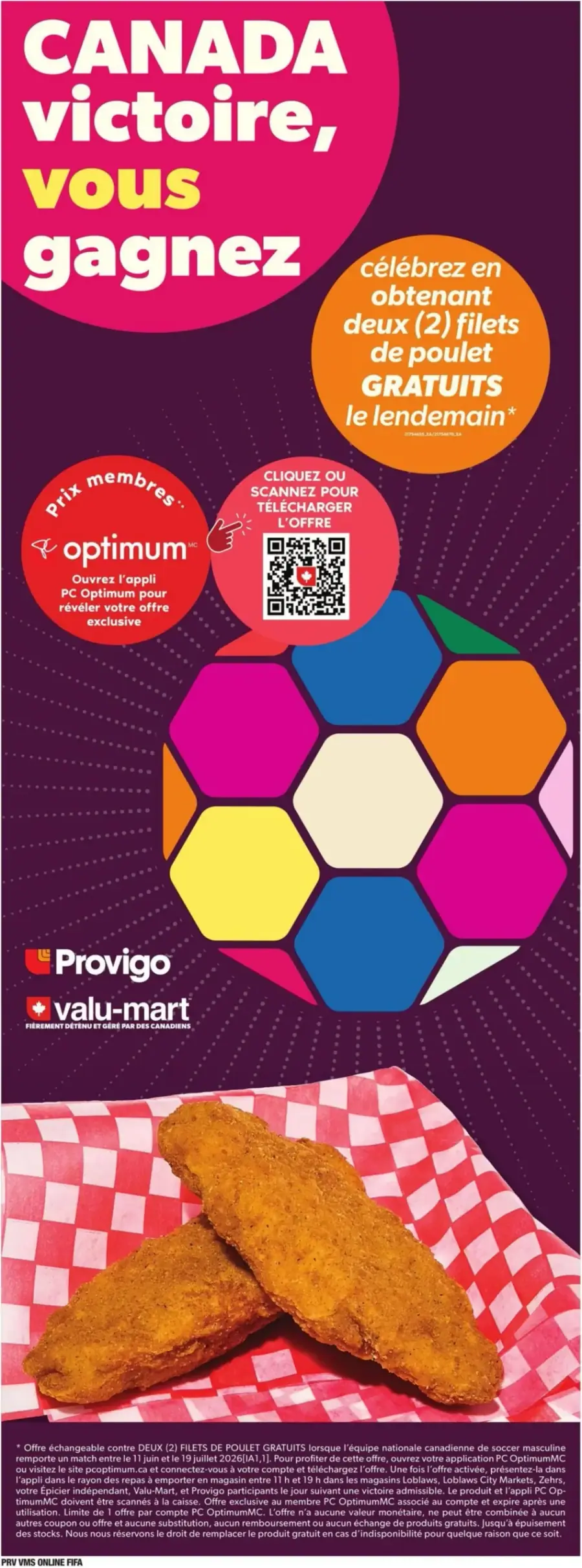 La page de couverture de la circulaire Provigo présente une ambiance festive, célébrant une victoire sportive. On y trouve des promotions sur des produits alimentaires, notamment deux filets de poulet offerts gratuitement. Des éléments graphiques colorés, tels que des hexagones, ajoutent une touche dynamique. La section "Prix membres" met en avant l'application PC Optimum pour des offres exclusives.