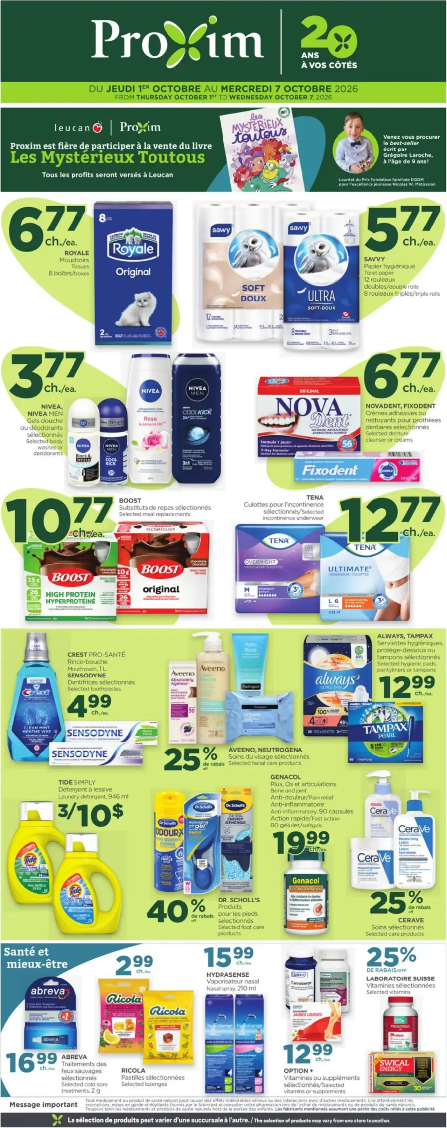 La page de couverture de la circulaire Proxim présente une ambiance dynamique et engageante, mettant en avant divers produits essentiels. On y trouve des catégories telles que l'hygiène personnelle, les soins de santé, et les produits ménagers. Parmi les promotions, on note des offres sur des mouchoirs, des gels douche, et des substituts de repas. Les visuels colorés et les prix clairement affichés attirent l’attention sur les produits en promotion, créant une invitation à faire des économies.