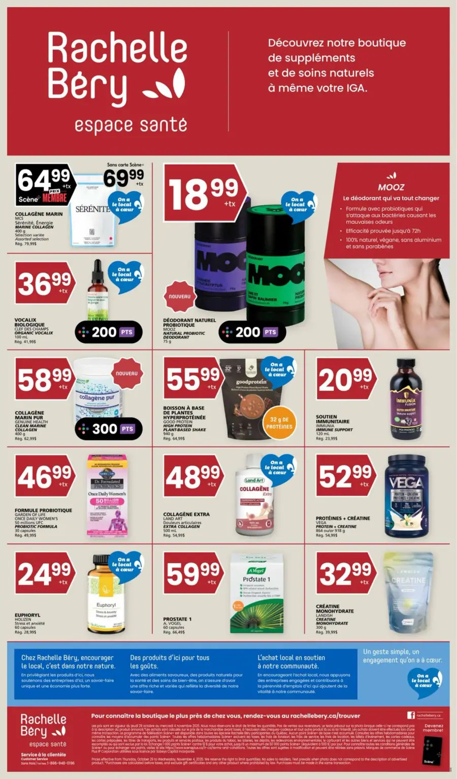 La page de couverture de la circulaire Rachelle Béry Espace Santé présente une ambiance dynamique et axée sur le bien-être. Les catégories de produits mises en avant incluent des suppléments, des soins naturels et des collagènes. Parmi les promotions notables, on retrouve le déodorant naturel probiotique à 18,99 $, ainsi que divers collagènes et formules probiotiques. Des offres spéciales comme des points de fidélité sont également visibles, incitant à l'achat.