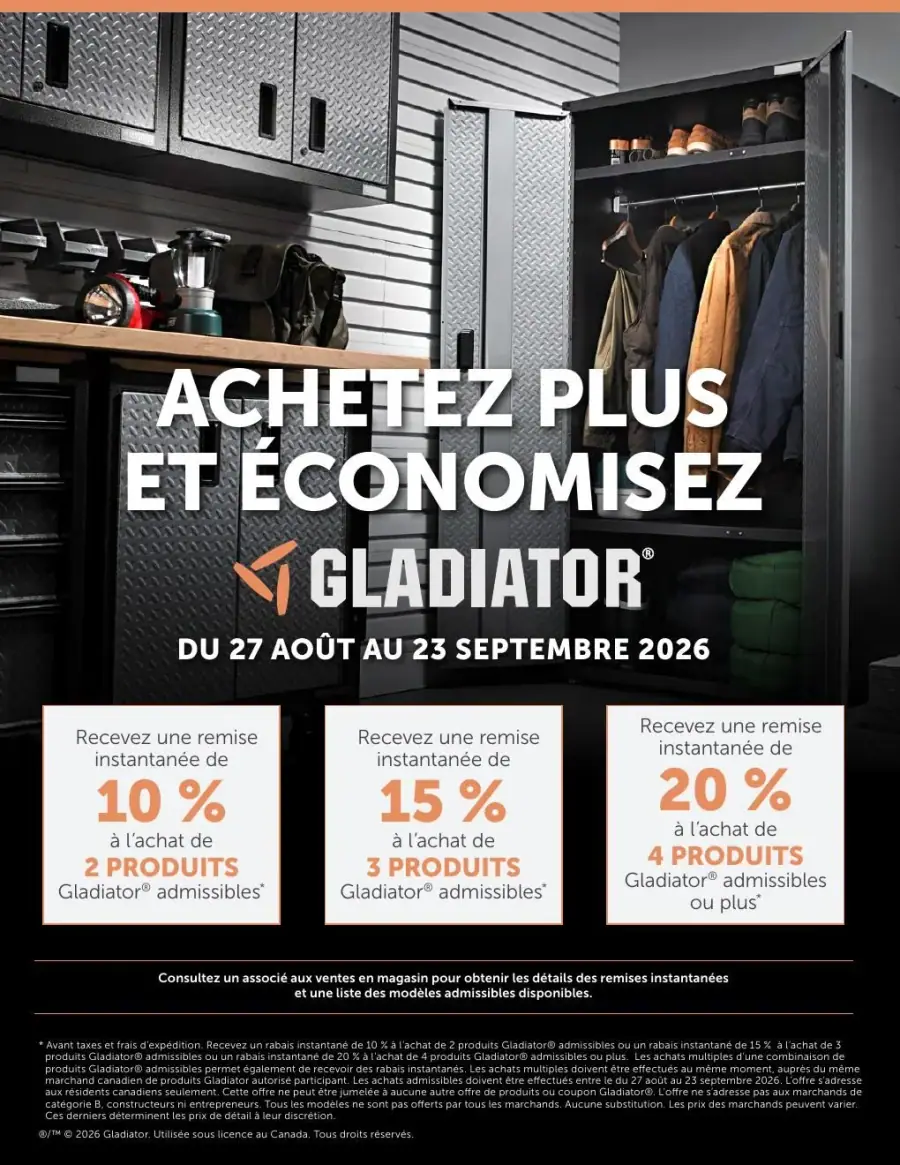 La page de couverture de la circulaire Robert Leduc présente une ambiance moderne et fonctionnelle, mettant en avant des produits de rangement Gladiator. On y trouve des armoires et des outils bien organisés, évoquant un espace de garage ou d'atelier. Les promotions visibles incluent des remises instantanées de 10 % pour l'achat de 2 produits, 15 % pour 3 produits et 20 % pour 4 produits Gladiator admissibles. Cette présentation attire l'attention sur l'optimisation de l'espace et l'économie.
