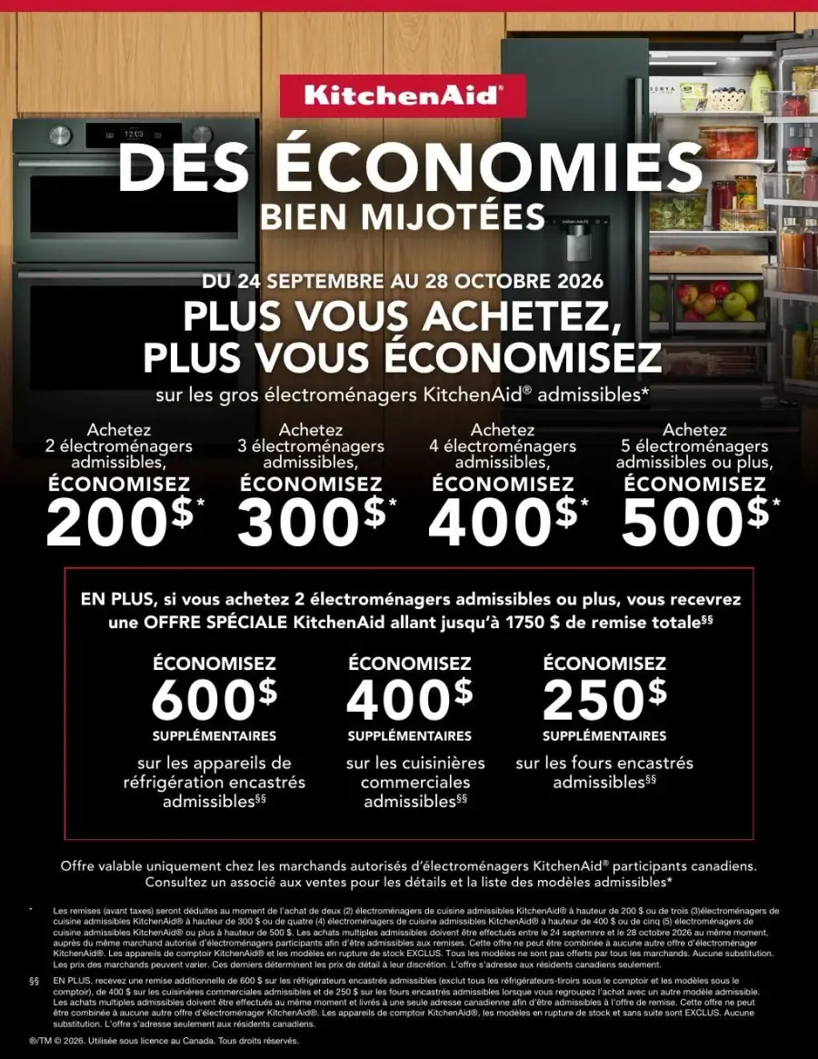 La page de couverture de la circulaire Robert Leduc présente une ambiance moderne et accueillante, mettant en avant des électroménagers KitchenAid dans une cuisine élégante. Les catégories de produits incluent des réfrigérateurs, des cuisinières commerciales et des fours encastrés. Les promotions sont claires : des économies allant jusqu'à 500 $ selon le nombre d'appareils achetés, ainsi qu'une offre spéciale de 600 $ supplémentaires sur les réfrigérateurs.