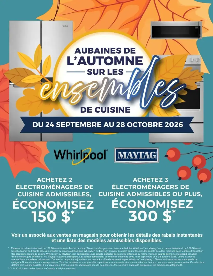 La page de couverture de la circulaire Robert Leduc présente une ambiance automnale avec des feuilles colorées en arrière-plan. Les catégories de produits mises en avant sont les électroménagers de cuisine, incluant des réfrigérateurs et des cuisinières des marques Whirlpool et Maytag. Les promotions importantes indiquent une économie de 150 $ à l'achat de deux électroménagers et de 300 $ pour trois ou plus.