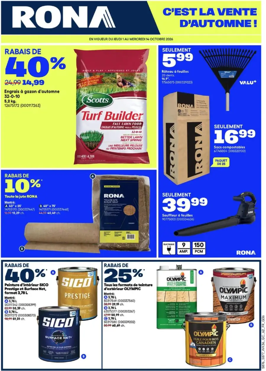 La page de couverture de la circulaire Rona présente une ambiance automnale avec des produits de jardinage et de rénovation. On y trouve des engrais à gazon, des râteaux à feuilles, et des sacs compostables. Les promotions incluent une réduction de 40 % sur l'engrais Scott's et 25 % sur les peintures SICO et OLIMPIC. Des outils comme un souffleur à feuilles sont également mis en avant.