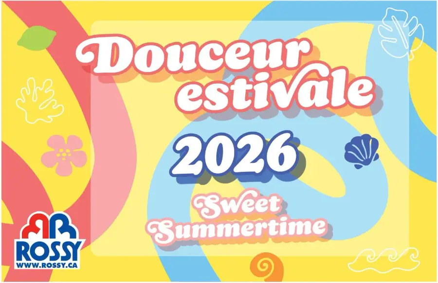 La page de couverture de la circulaire Rossy, intitulée "Douceur estivale 2026", présente une ambiance colorée et joyeuse, évoquant l'été avec des teintes pastel. Les catégories de produits mises en avant incluent des articles de jardinage, des accessoires de plage et des fournitures de loisirs. Des promotions importantes sont visibles, telles que des rabais sur les produits saisonniers et des offres spéciales sur les décorations estivales. L'ensemble crée une atmosphère accueillante et festive.
