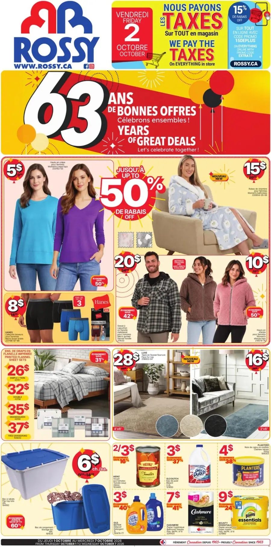 La page de couverture de la circulaire Rossy présente une ambiance festive pour célébrer 63 ans d'offres. Les catégories mises en avant incluent l'habillement, la literie et les produits ménagers. On y trouve des promotions sur des vêtements confortables, des ensembles de draps, ainsi que des articles de nettoyage, avec des réductions allant jusqu'à 50 %. Des visuels attrayants et colorés renforcent l'aspect accueillant de l'offre.