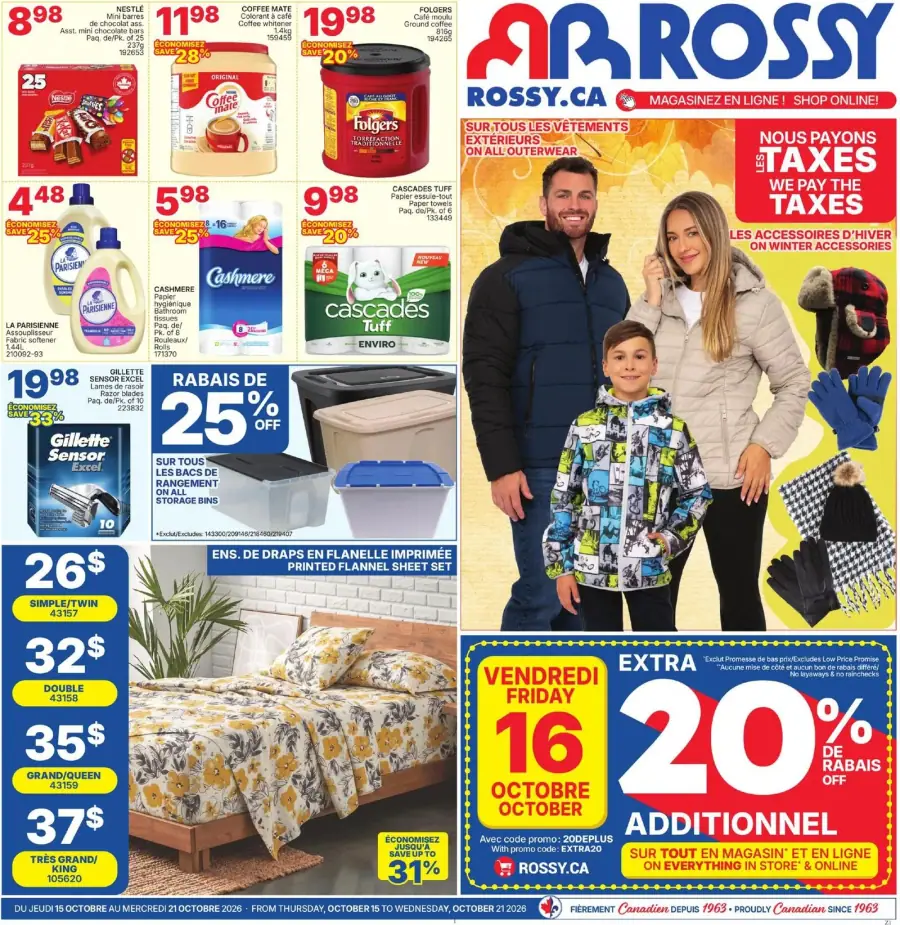 La page de couverture de la circulaire Rossy présente une ambiance conviviale et familiale, mettant en avant des vêtements d'hiver ainsi que des accessoires. On y trouve des catégories de produits variées, telles que les produits ménagers, les articles de toilette, et la literie. Parmi les promotions notables, on remarque une réduction de 25 % sur les bacs de rangement et une offre spéciale de 20 % de rabais additionnel sur tous les articles en magasin et en ligne. Des exemples concrets incluent des marques populaires comme Folgers et Gillette.