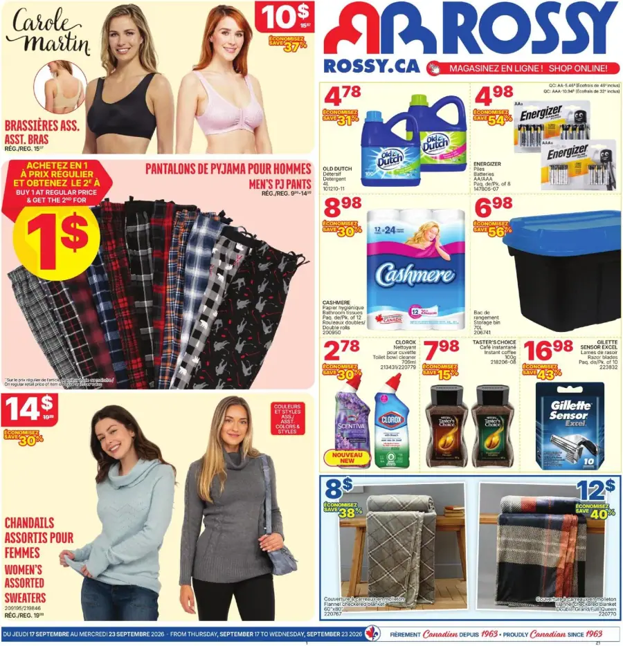 La page de couverture de la circulaire Rossy présente une ambiance chaleureuse et accueillante, mettant en avant des vêtements et des produits ménagers. On y trouve des brassières Carole Martin à 10 $, des pantalons de pyjama pour hommes à 1 $ avec une promotion "achetez-en 1 à prix régulier et obtenez le 2e à 50 %". Les chandails assortis pour femmes sont affichés à 14 $. Des produits ménagers comme le détergent Old Dutch et le papier de toilette Cashmere sont également mis en avant, avec des économies visibles sur plusieurs articles.