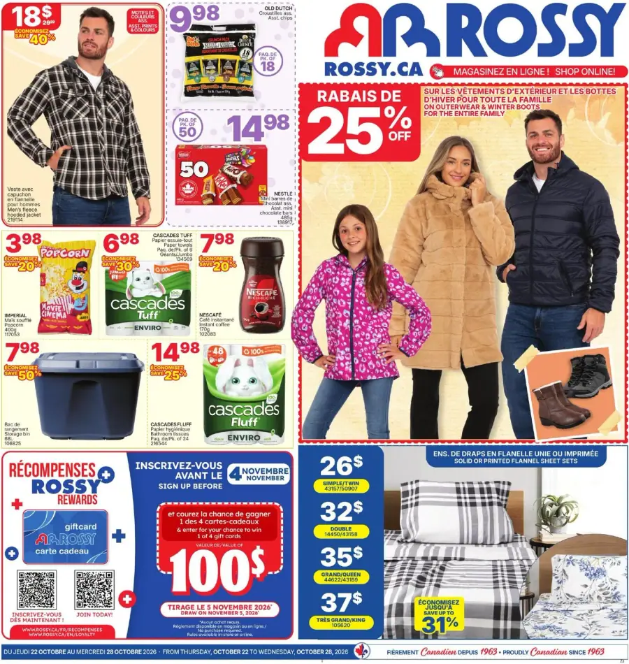 La page de couverture de la circulaire Rossy présente une ambiance chaleureuse et familiale, mettant en avant des vêtements d'extérieur et des bottes d'hiver avec une promotion de 25 % de rabais. Les catégories de produits incluent des vêtements, des articles ménagers et des collations. On y trouve des exemples tels que des vestes, des pyjamas, et des produits de marque Cascades. Des promotions comme un concours pour gagner une carte-cadeau de 100 $ et des rabais sur des ensembles de draps sont également visibles.