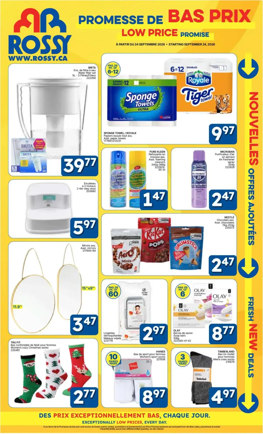 La page de couverture de la circulaire Rossy présente une ambiance dynamique et colorée, mettant en avant des produits essentiels pour la maison et le bien-être. Les catégories incluent des articles de nettoyage, des produits de soin personnel, et des collations. Parmi les promotions, on trouve des serviettes en papier Royale à 9,97 $, des lingettes démaquillantes à 2,97 $, et des chaussettes de Noël à 2,77 $. Les offres sont clairement mises en avant, attirant l'attention sur les bas prix.