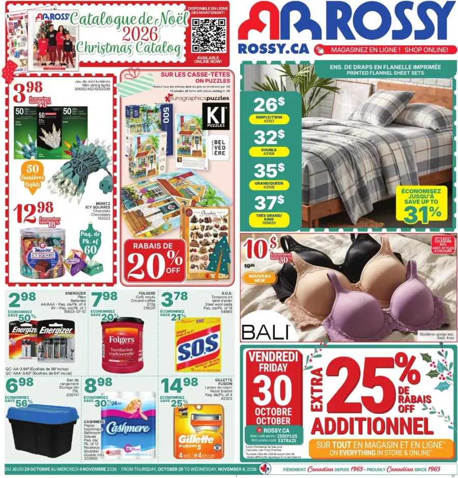La page de couverture de la circulaire Rossy présente une ambiance festive avec un accent sur les produits de Noël. On y trouve des catégories variées, notamment des jeux de lumières, des casse-têtes, des draps en flanelle, et des articles de soins personnels. Les promotions mises en avant incluent une réduction de 20 % sur les casse-têtes et des ensembles de draps à partir de 26 $. Un rabais additionnel de 25 % est également annoncé pour le 30 octobre.