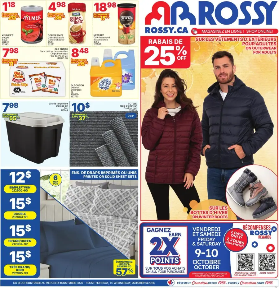 La page de couverture de la circulaire Rossy présente une ambiance dynamique et colorée, mettant en avant divers produits. On y trouve des catégories telles que l'épicerie, les vêtements d'extérieur, et les articles pour la maison. Parmi les promotions notables, une réduction de 25 % sur les vêtements d'extérieur pour adultes et des points doublés sur les achats durant un événement spécial. Des exemples incluent des produits alimentaires comme le café et des articles ménagers comme des draps et des bacs de rangement.