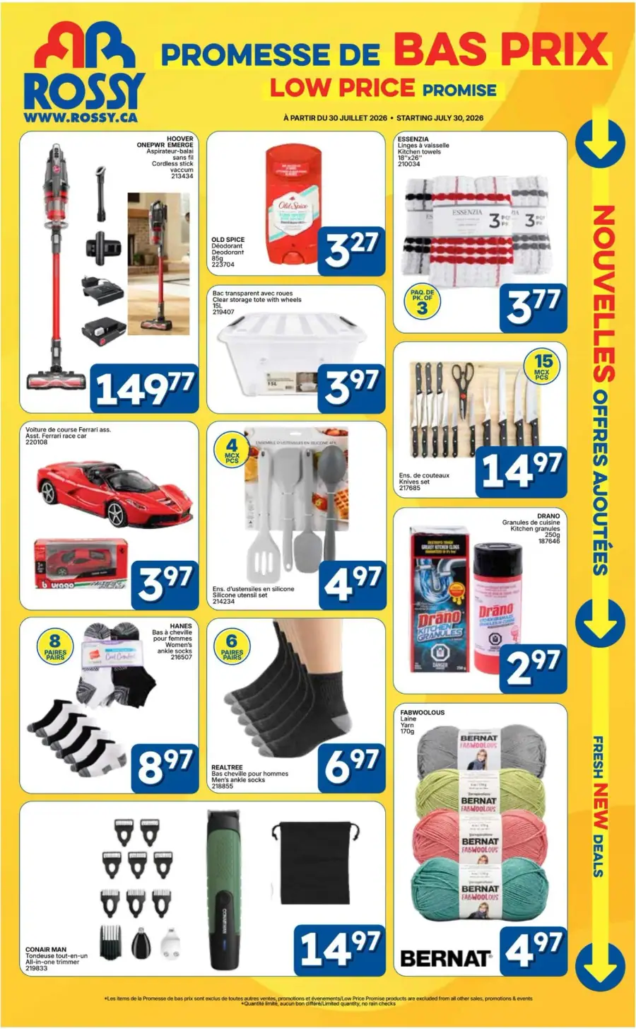 La page de couverture de la circulaire Rossy présente une ambiance dynamique et colorée, mettant en avant une variété de produits allant des articles ménagers aux vêtements. On y trouve des promotions sur des aspirateurs sans fil, des déodorants, des ustensiles de cuisine en silicone, ainsi que des jouets comme des voitures de course. Les prix attractifs sont clairement affichés, soulignant l'engagement de l'enseigne envers des bas prix. Les nouvelles offres ajoutées sont également mises en avant, attirant l'attention sur les dernières promotions.