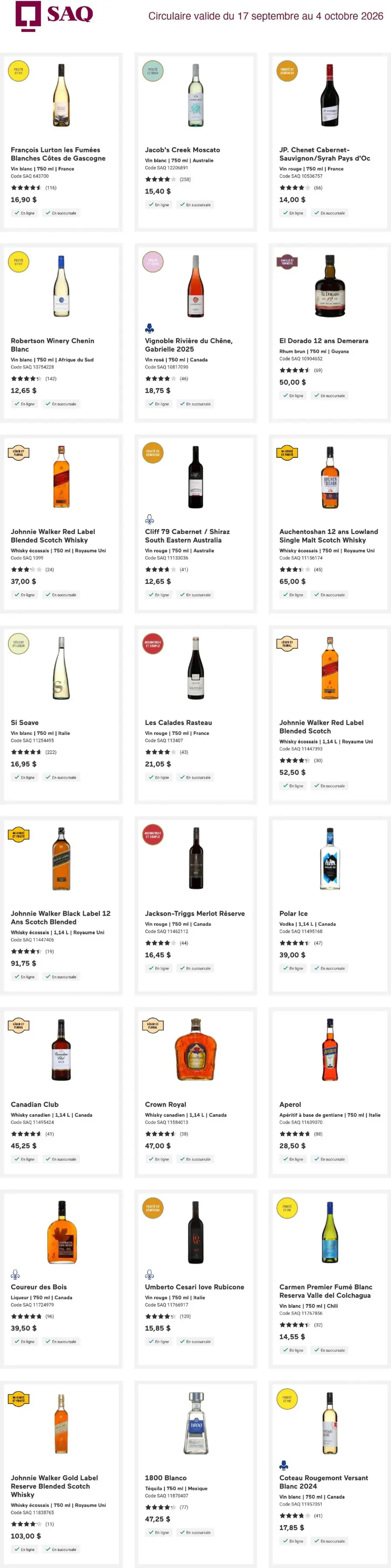 La page de couverture de la circulaire SAQ présente une ambiance raffinée, mettant en avant une sélection variée de vins, whiskys et liqueurs. On y trouve des produits phares tels que le Johnnie Walker Red Label, le Jacob's Creek Moscato et le Canadian Club. Les promotions incluent des réductions sur plusieurs articles, avec des étiquettes indiquant des offres spéciales. Les catégories de produits sont clairement définies, offrant un aperçu attractif des choix disponibles pour les amateurs de boissons alcoolisées.