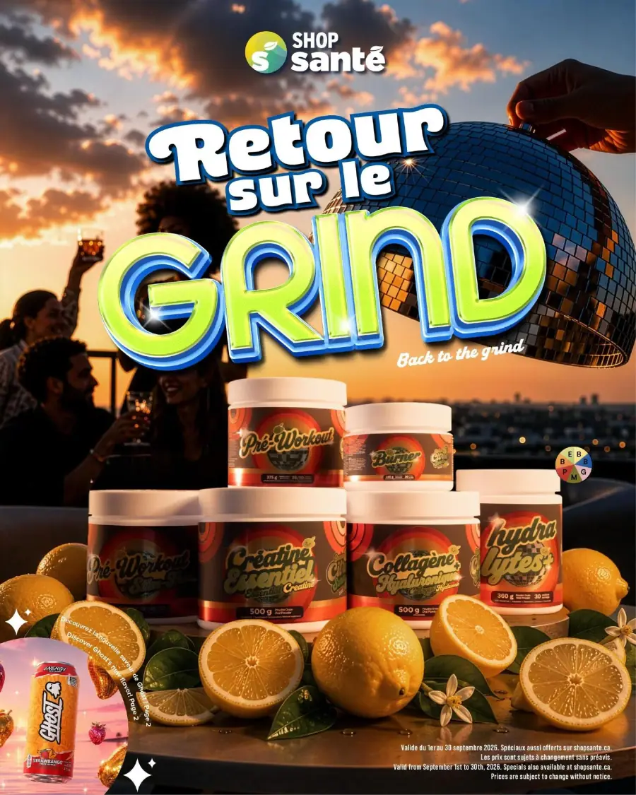 La page de couverture de la circulaire Shop Santé évoque une ambiance dynamique et estivale, avec un arrière-plan de coucher de soleil et des personnes profitant d'un moment convivial. Les catégories de produits mises en avant incluent des suppléments nutritionnels tels que le pré-workout, la créatine, et le collagène. Des promotions visibles soulignent des offres spéciales sur ces produits, accompagnées d'images de citrons frais, ajoutant une touche de fraîcheur à la présentation.