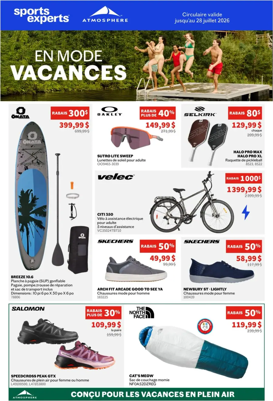 La page de couverture de la circulaire Sports Experts évoque une ambiance estivale et dynamique, mettant en avant des activités de plein air. Les catégories de produits incluent des équipements nautiques, des vélos, des vêtements et des chaussures. Parmi les promotions notables, on trouve une planche à pagaie avec un rabais de 300 $, des lunettes de soleil Oakley à 40 % de rabais, ainsi qu'un vélo électrique à 1 000 $ de rabais.
