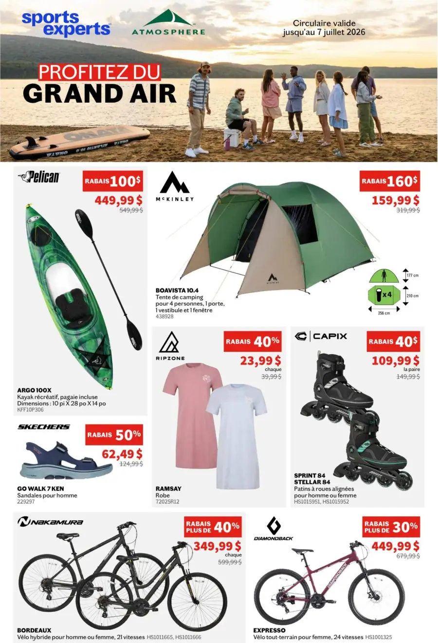 La page de couverture de la circulaire Sports Experts évoque une ambiance estivale et conviviale, mettant en avant des activités de plein air. Les catégories de produits incluent des kayaks, des tentes de camping, des vêtements, des patins à roulettes et des vélos. Parmi les promotions notables, on trouve un rabais de 100 $ sur le kayak Pelican et de 160 $ sur la tente McKinley Boavista 10.4. Des vêtements Ripzone et des patins Capix bénéficient également de réductions attractives.
