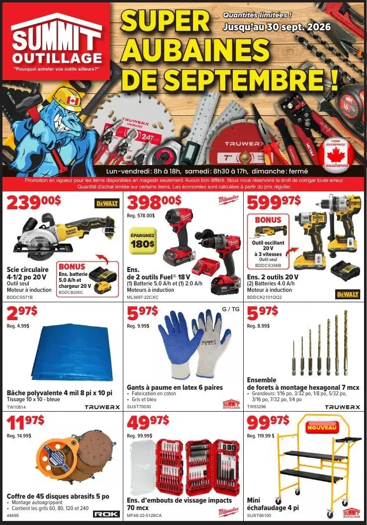 La page de couverture de la circulaire Summit Outillage présente une ambiance dynamique et colorée, mettant en avant des outils et équipements variés pour les projets de bricolage. Les catégories de produits incluent des scies, des ensembles d'outils électriques, ainsi que des accessoires comme des gants et des bacs polyvalents. Parmi les promotions notables, on trouve des réductions sur des scies circulaires et des ensembles d'outils, avec des économies affichées clairement. L'ensemble crée une invitation à profiter des offres limitées de septembre.