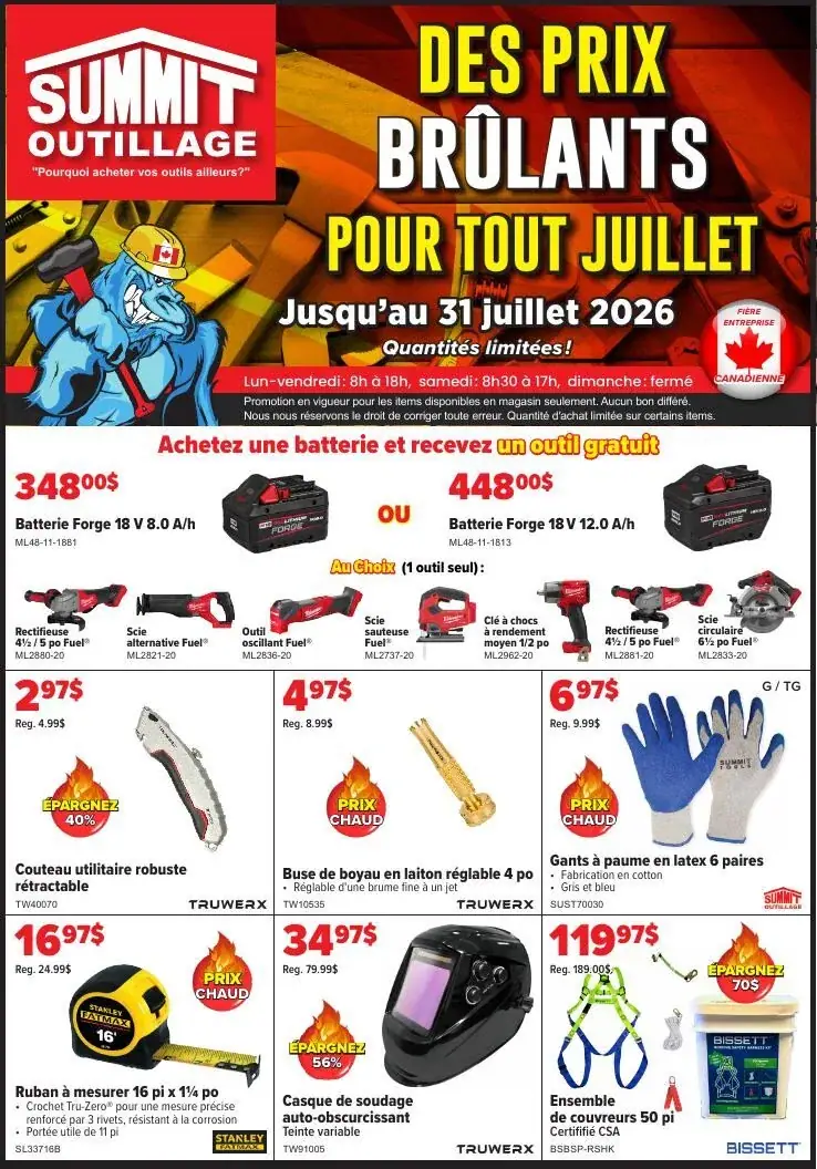 La page de couverture de la circulaire Summit Outillage présente une ambiance dynamique et colorée, mettant en avant des outils et équipements variés. Les catégories de produits incluent des batteries, des outils électriques, et des accessoires de sécurité. Parmi les promotions notables, l'achat d'une batterie permet de recevoir un outil gratuit, avec des réductions affichées sur divers articles comme des gants et un casque de soudage. Les éléments visuels attirent l'œil et soulignent les économies à réaliser.
