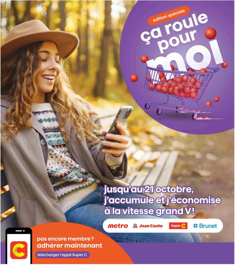 La page de couverture de la circulaire Super C présente une ambiance chaleureuse et automnale, avec des feuilles dorées en arrière-plan. Au premier plan, une jeune femme souriante consulte son téléphone, suggérant une expérience de magasinage moderne. Les catégories de produits mises de l'avant incluent des fruits et légumes, symbolisés par un chariot rempli de tomates. Les promotions importantes mentionnent une accumulation de points jusqu'au 21 octobre, incitant à l'économie. Le logo de Super C et des partenaires comme Metro et Jean Coutu sont également visibles.